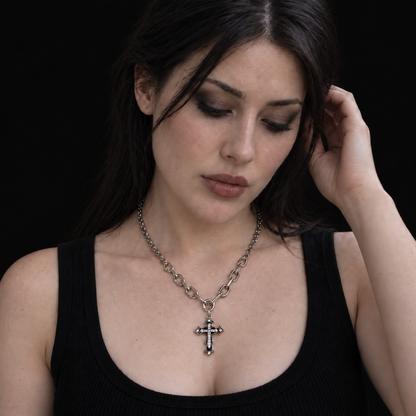 Gothic Cross Chain Necklace worn, portrait looking down