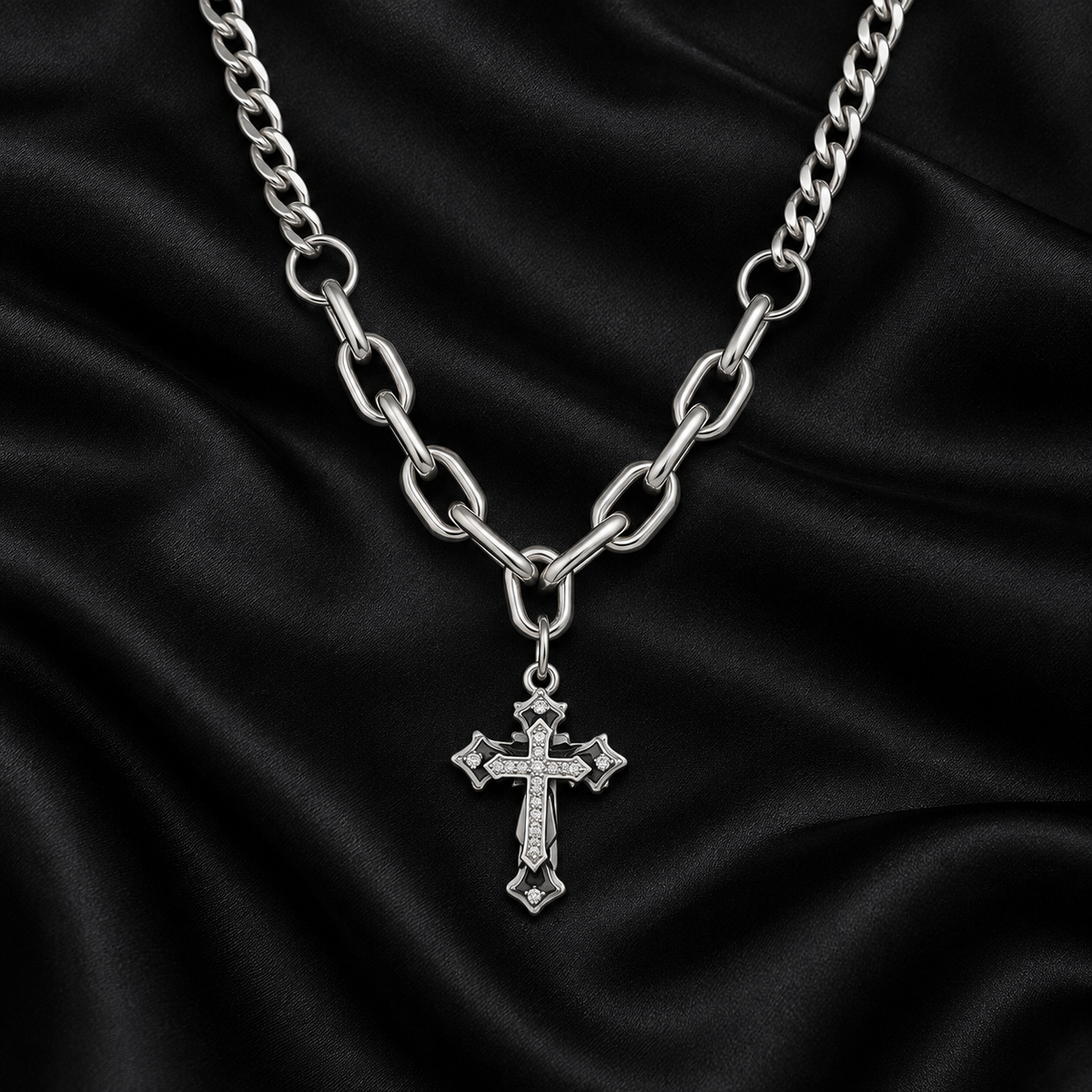 Gothic Cross Chain Necklace on black satin