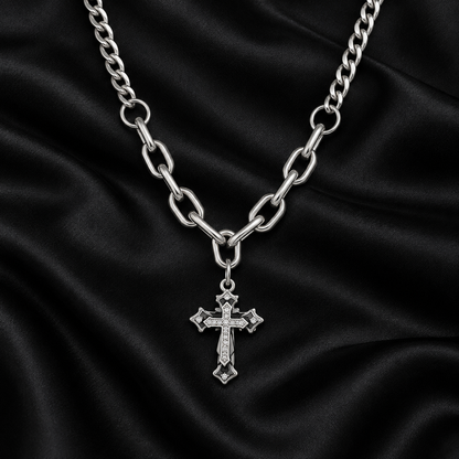 Gothic Cross Chain Necklace on black satin
