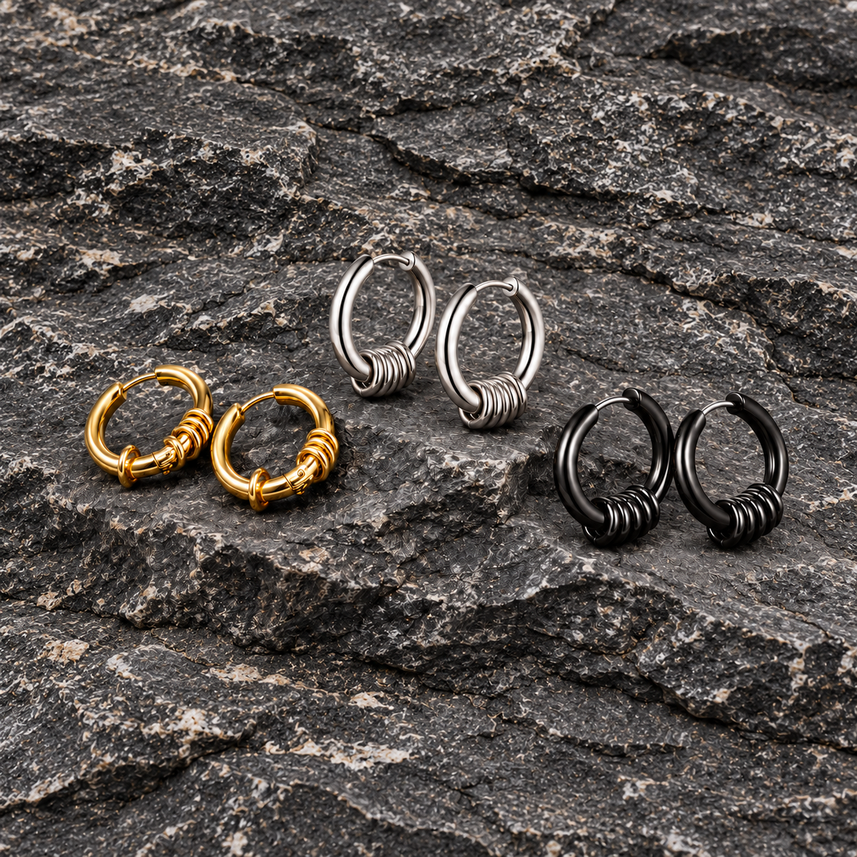 Rosary Hoops, three finishes on stone