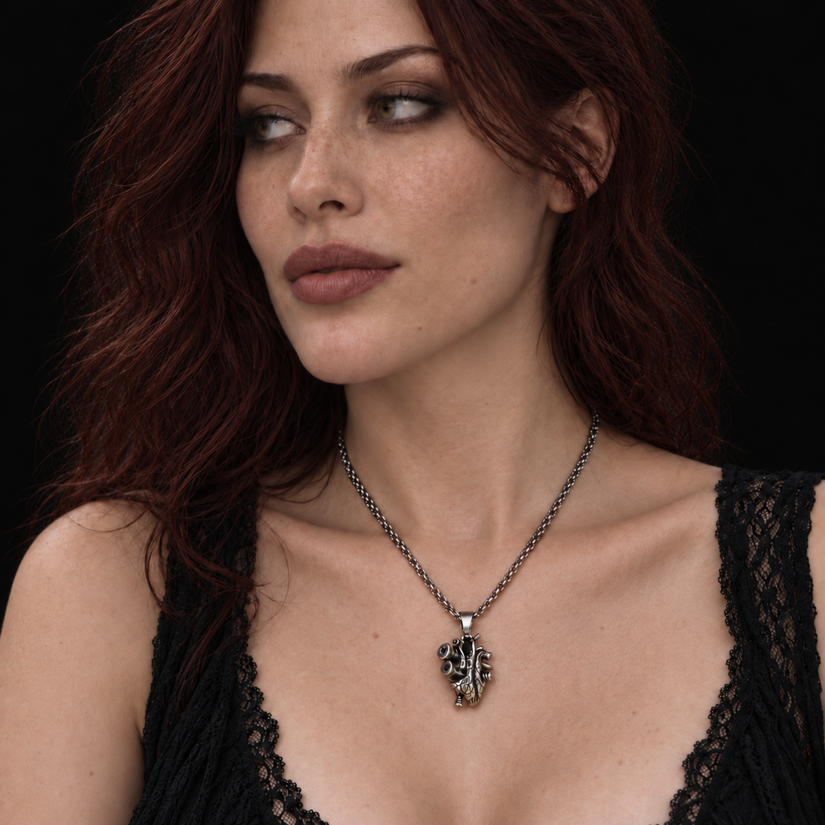 Reliquary Heart Necklace worn, three-quarter portrait