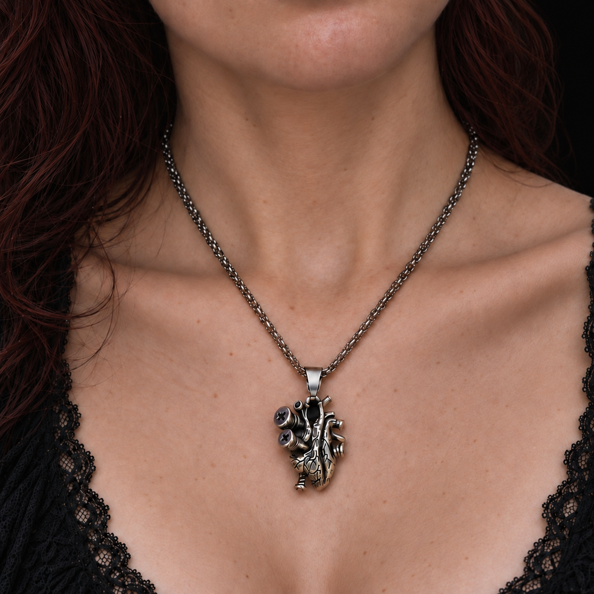 Reliquary Heart Necklace worn, close up