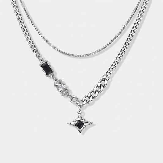 Compline Necklace — double layered steel necklace with four-pointed star