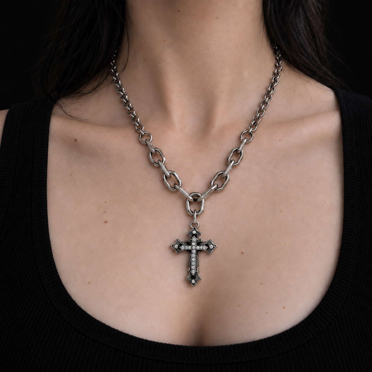 Gothic Cross Chain Necklace worn, close up