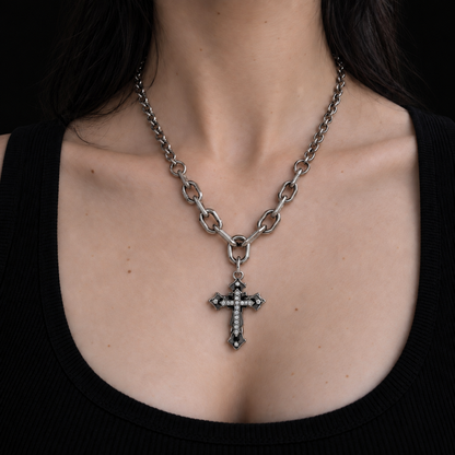 Gothic Cross Chain Necklace worn, close up