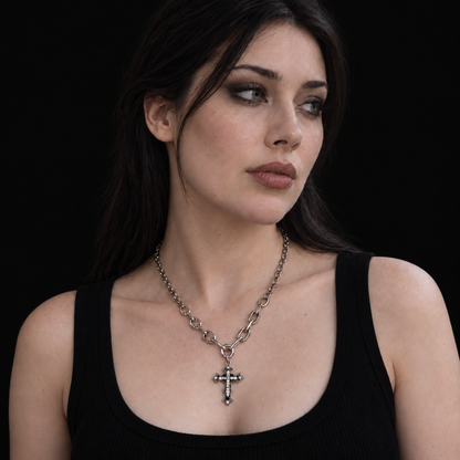 Gothic Cross Chain Necklace worn, portrait