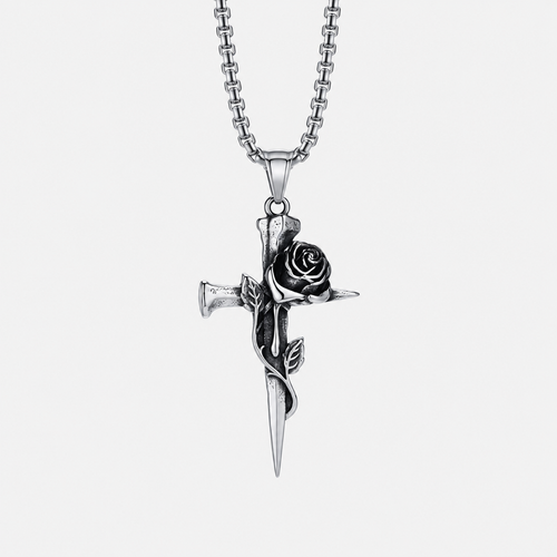 Black Rose Cross Necklace, stainless steel, packshot