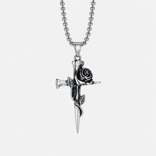 Black Rose Cross Necklace, stainless steel, packshot