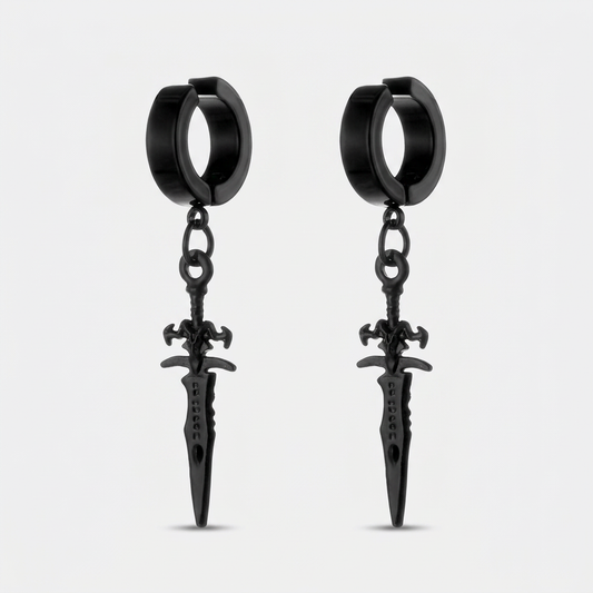 Requiem Dagger Earrings in black — pair of dagger hoop earrings