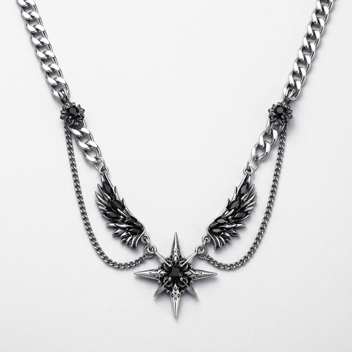 Seraph Necklace in silver — double layered necklace with winged six-pointed star