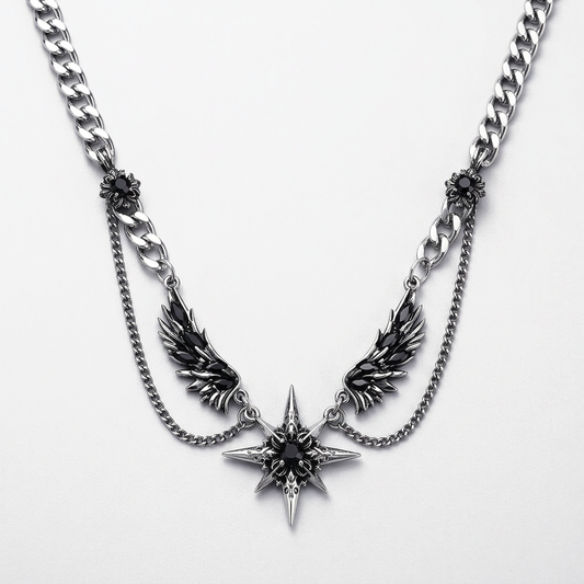 Seraph Necklace in silver — double layered necklace with winged six-pointed star