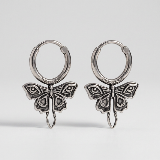 Vesper Moth Earrings — oxidised sterling silver moth hoop earrings, pair