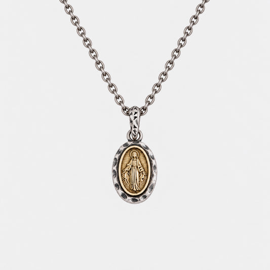 Virgin Mary necklace — pendant shown on a silver chain